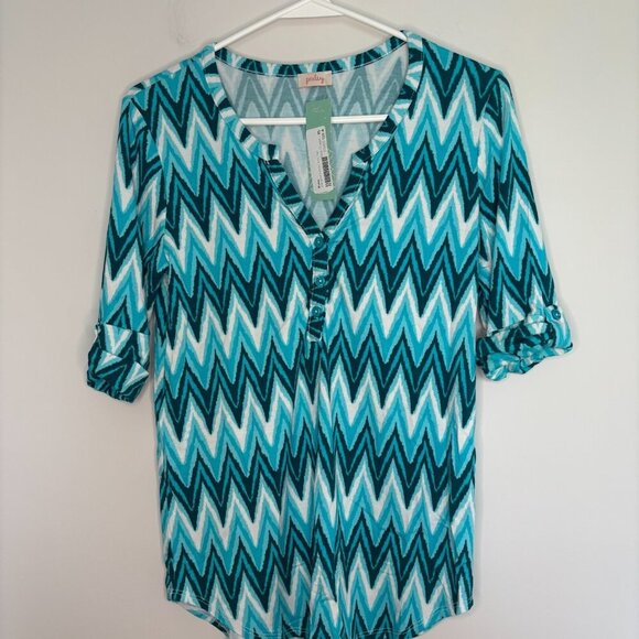 PIXLEY STITCH FIX NEW Top Women XS Teal V-Neck Roll-Tab Sleeve Edmond Henley - Picture 1 of 6
